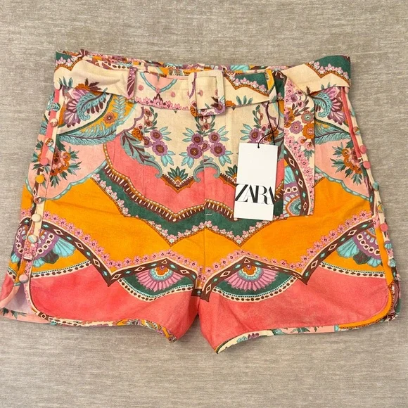Zara NWT High Waist Floral Patterned Shorts Belted Linen Blend large - Picture 4 of 15